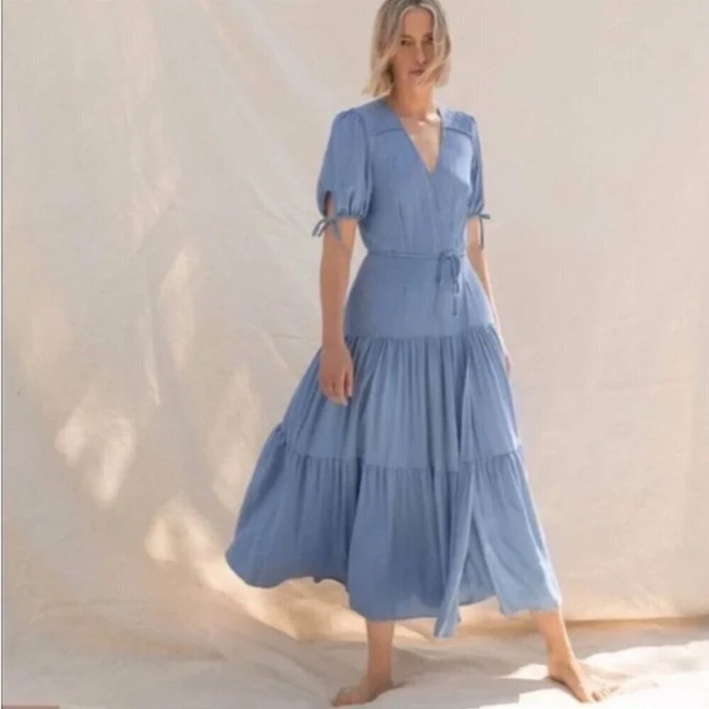 Christy Dawn Dusty Blue Tiered Midi Dress